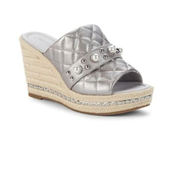 New Karl Lagerfeld Sandals 6.5 Camila Silver Pearl Stud Jute Platform Wedge - Picture 2 of 10